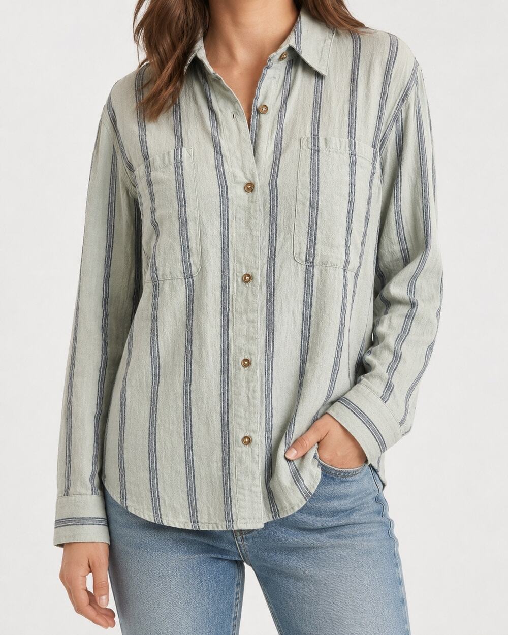 Free People Size Large 100% Cotton Long Sleeve Button Up Top Boho Beach Resort